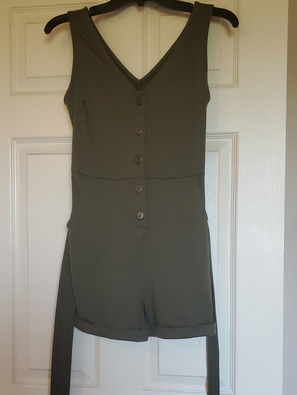Sleeveless V-Neck Button Romper in Olive Green